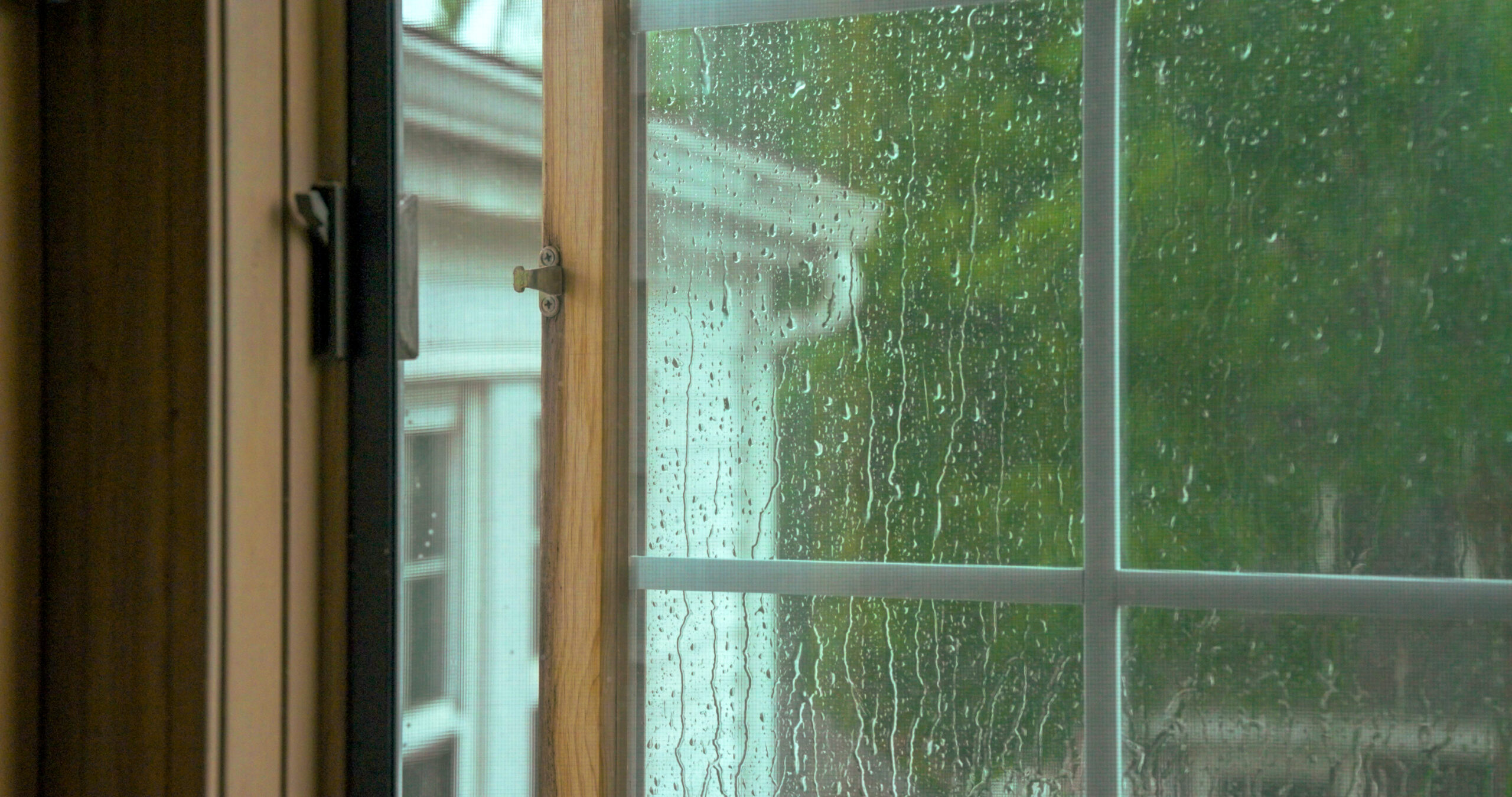 Rain droplets on a window with green trees and neighboring buildings visible outside.